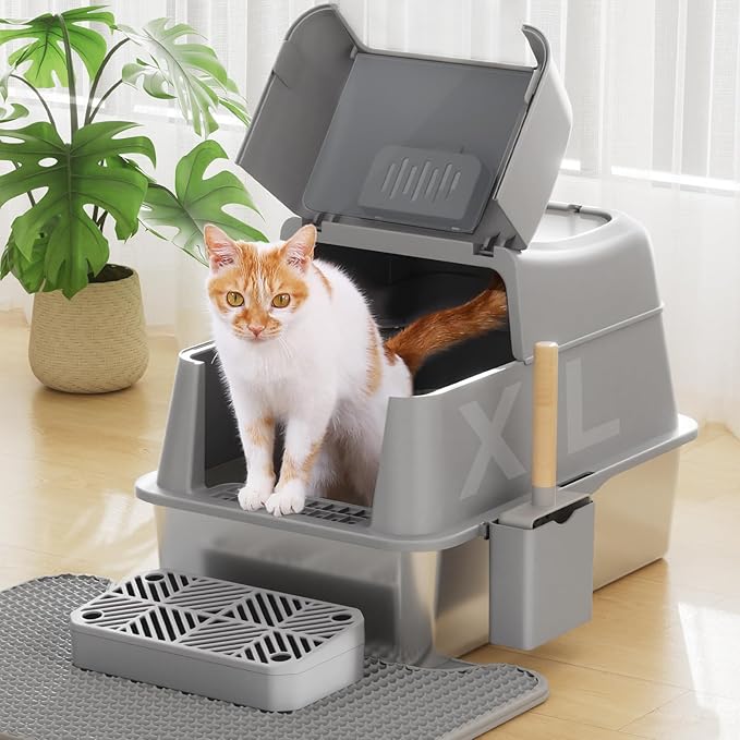 Rywell Stainless Steel Litter Box, 180° Flip-Cover Cat Litter Box, XL Extra Large Metal Litterbox for Big Cats, Includes Litter Scoop & Litter Mat, Anti-Leakage, Non-Stick, Easy Cleaning