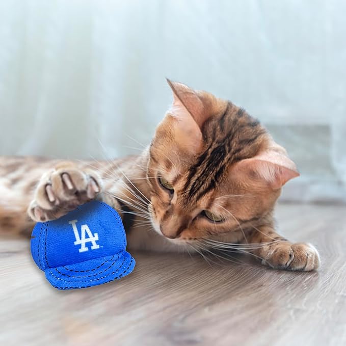 BEST PLUSH CAT TOY MLB LOS ANGELES DODGERS Complete Set of 3 piece Cat Toys filled with Fresh Catnip. Inc: 1 Baseball Cap Cat Toy, 1 Baseball Cat Toy with Feathers & 1 Beer Bottle. Beautiful Team LOGO