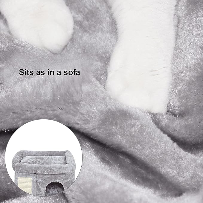 SYANDLVY Small Cat Tree for Indoor Cats, Cat Tower with Scratching Post, Modern Activity House for Large Cats, Condo with Board, Kittens Cave (Light Grey)