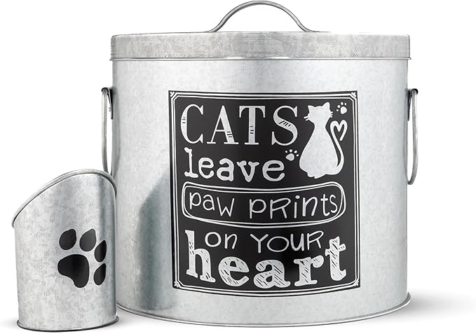 Silver 20lb Cat Food Storage with Scoop | Pet Container for food that can fit in the pantry | Modern Beautiful Cat Pet Food Storage Container