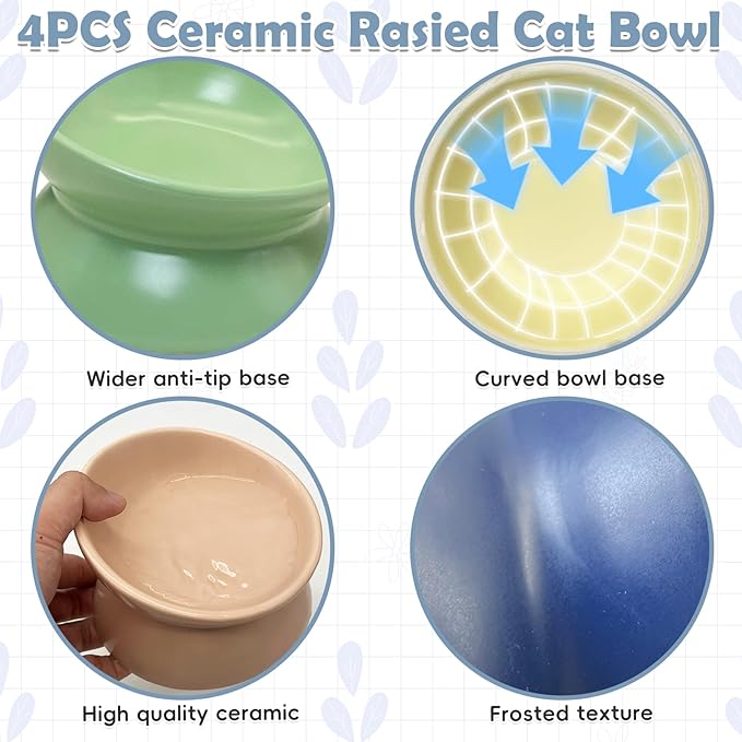 kathson 4 Pcs Ceramic Raised Cat Bowls, Elevated Tilted Cat Food Bowl, Anti Vomiting Pet Food Bowl, Colorful Porcelain Pet Feeder Dish for Cats and Small Dogs, Stress Free(Blue,Green,Yellow,Pink)