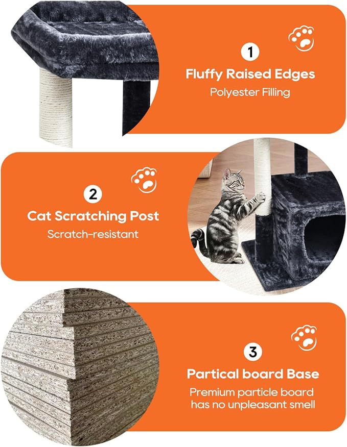 SYANDLVY Cat Tree for Indoor Cats Large Adult, Modern Activity Tower with Scratching Posts, Condo with Plush Perch, Climbing Stand with Spring Ball for Play, Smoky