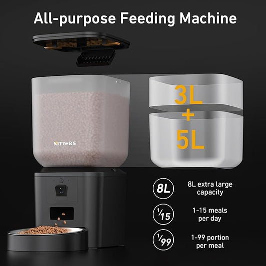 Automatic Dog & Cat Feeder with Camera & WiFi – 8L/34 Cups, 1080P Night Vision, 2.4 & 5G WiFi, 2-Way Talk, 10s Voice Recording, Timed Food Dispenser, Up to 99 Portions, 15 Meals Per Day