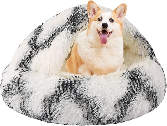 Round Hooded Cat & Dog Bed with Cover Cave, Faux Fur Cuddler, Self Warming Donut Bed (Grey White, 20" x 20")