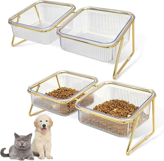 2PCS Elevated Double Cat Bowls,5.7" Pets Water and Food Bowl 15°Tilted Transparent Raised Kitten Food Feeding Dishes with Iron Stand Anti Slip Kitty Dishs Rose Gold Bowl Set for Kittiens