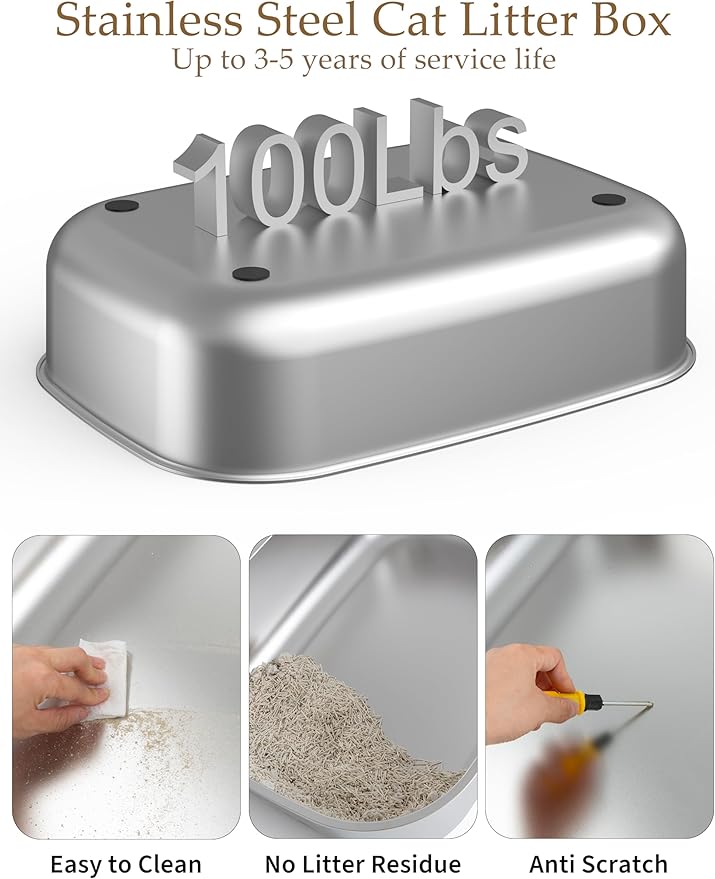 XXL Stainless Steel Covered Cat Litter Box with Lid – Extra Large Enclosed Metal Litter Box for Big Cats, Leak-Proof, Odor Control, Top Exit, Scoop, Pedal & Non-Slip Mat, Easy to Clean