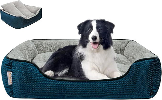 Miguel Dog Bed with Removable Cushion/Pillow for Medium Small Dogs, Washable Pet Bed with Side Easy to Wash Puppy Bed, Large Rectangle Cat Bed for Indoor Cat with Anti-Slip Bottom, Blue 35 Inch