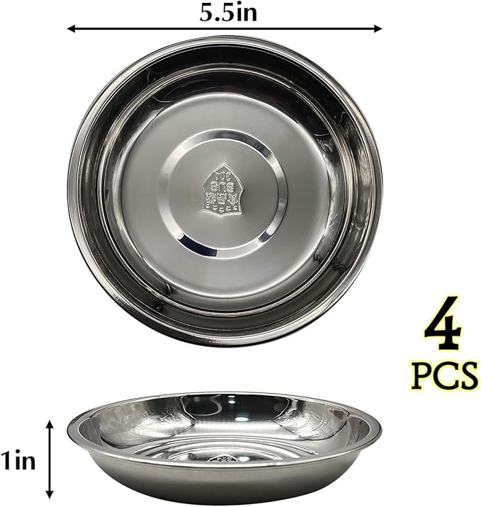 4PCS Stainless Steel Cat Bowls, 5.5" Dia Shallow Cats Water Food Dish Replacement Whisker Fatigue Relief Plate Stackable Metal Pet Feeding Bowl Basic Bulk for Puppy Dogs Elevated Stand