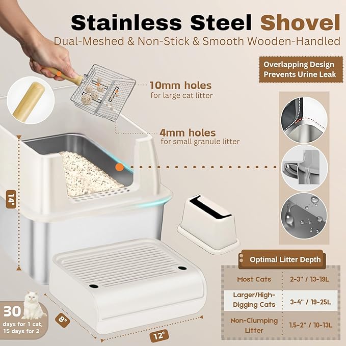 Fully Enclosed XXL Stainless Steel Litter Box with Lid, 8” Deep Pan, Large Stainless Steel Cat Litter Box for Big Cat with Scoop, Step Board, Mat, Brush, Odor-Free, Anti-Leak, Non-Stick (White)