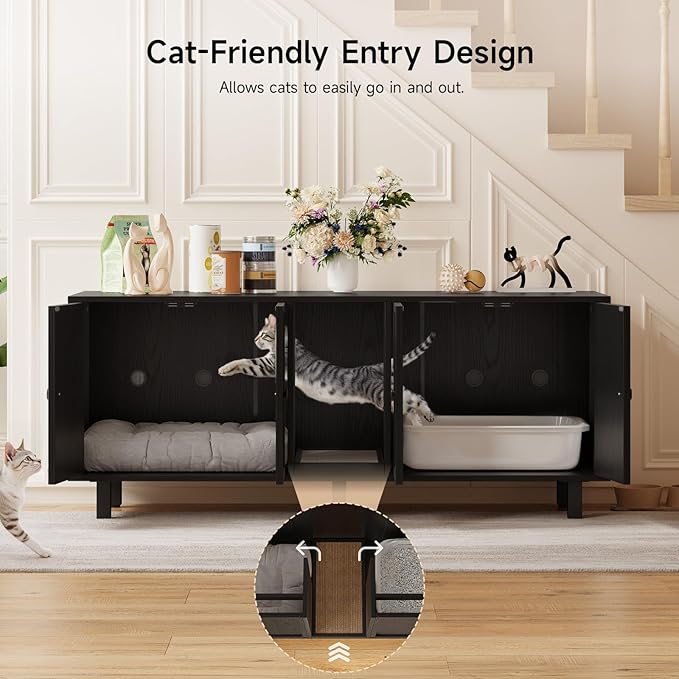 59 Inches Cat Litter Box Enclosure for 2 Cats, Hidden Litter Boxes Furniture with Cat Scratch Pad, Large Indoor Pet House with Double Room, Wooden TV Stand Side Table, Black