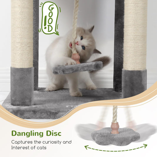 Globlazer Cat Tree, 70 inch Tall Scratching Tower Multi-Level Cat Condo for Indoor Multiple Cats with 2 Large Cat Caves, Top Perch, Large Platform, Bottom Swing, F70B, Light Grey