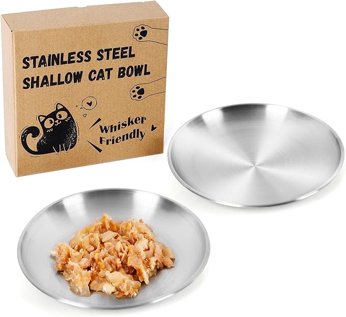 2-Pack Stainless Steel Cat Food Bowls – Shallow Whisker-Friendly Non-Slip Silicone Base,Easy to Clean Indoor Feeding Dishes(6.7")