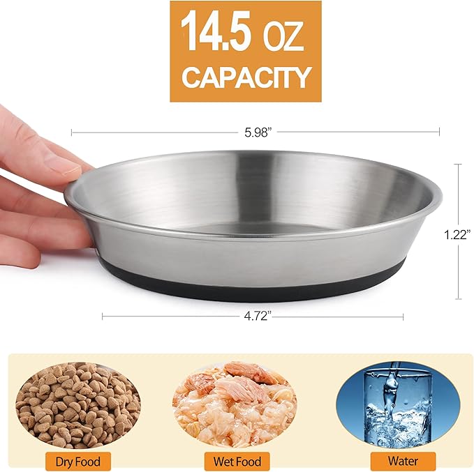 Stainless Steel Cat Bowls,Whisker Friendly Shallow Cat Dishes for Food and Water,Non-Slip Silicone Bottom,Heavy Duty,Replacement Kitten Metal Plate for Elevated Stands,3 Pack