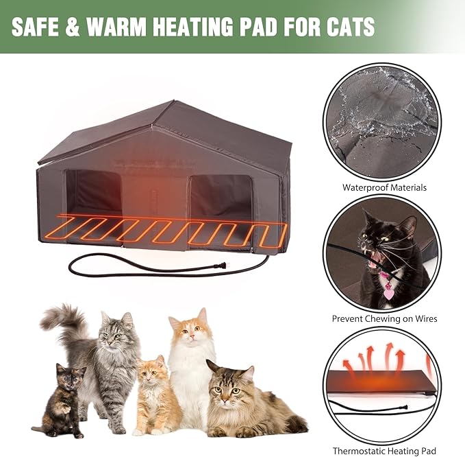 Outdoor Heated Cat House with Insulated Liner, Feral Cat Shelter for Cold Weather Protection, Kitty Home with Waterproof Roof, Raised Leg and Large Porch
