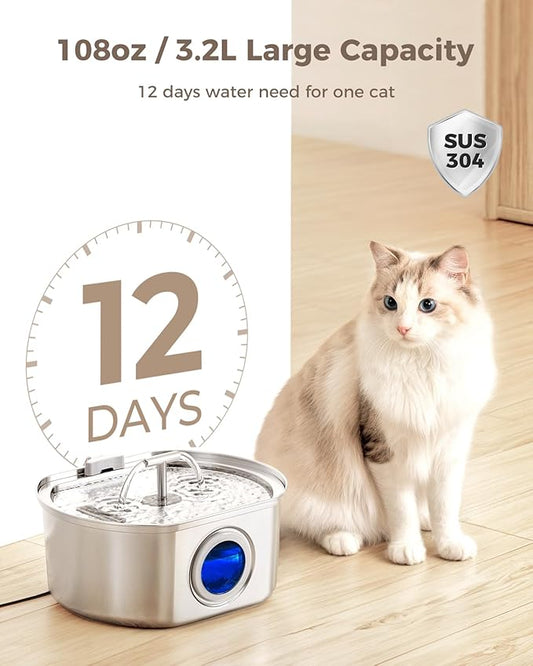 Cat Water Fountain Stainless Steel - Pet Drinking Fountain for Cats Indoor - 3.2L/108oz Automatic Water Dispenser with Watering Level Window (1 Filter)