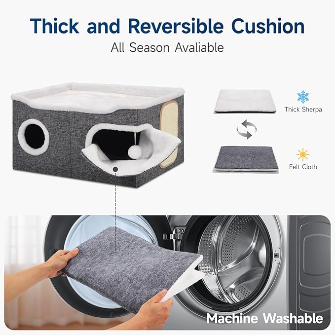 Cat Beds for Indoor Cats, Extra Wide Cat Cube House for Multi Cats, Foldable Cat Cave Hideaway with Arc-Edge Design & Oval Door, Double-Side Soft Cushion for All Seasons, 24"L x 17.7"D x 12.6"H, Grey