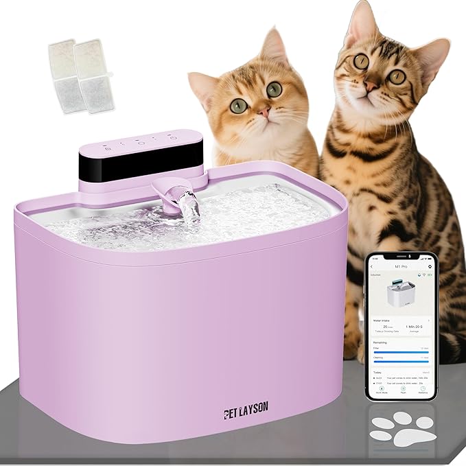 PET LAYSON Pumpless Cat Water Fountain,App Remote Control Smart Cordless Battery Operated 3.6L/122oz Wireless 2.4GHz Wi-Fi Networks Rechargeable Water Dispenser (Pink, M1Pro-2 Filter)