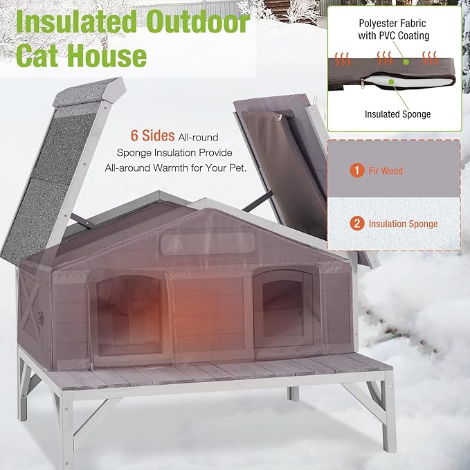 GUTINNEEN Outdoor Cat House Insulated Feral Cat Sheter for Winter with Insulated Liner and Large Porch