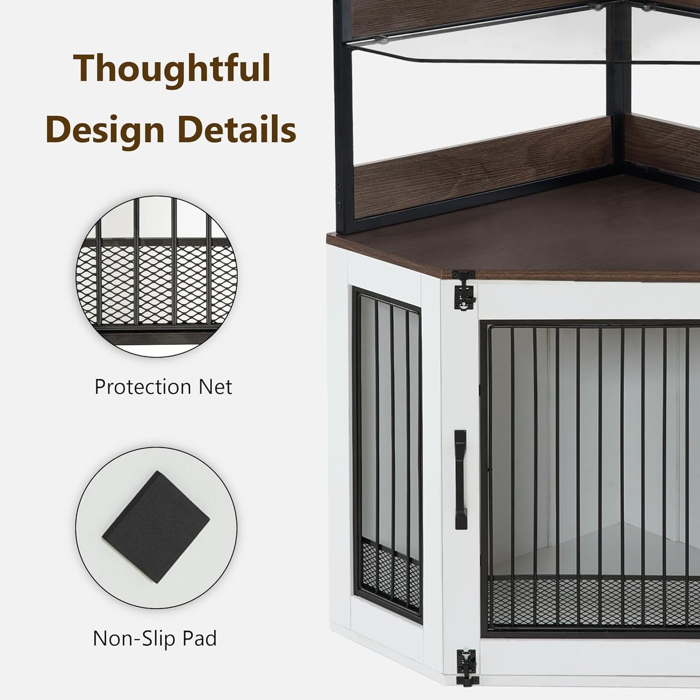 MCombo Small Corner Dog Crate Furniture with Glass Shelves, Wooden Dog Kennel Furniture with Door, Pet Crate Indoor Use, CN17 (White and Brown)