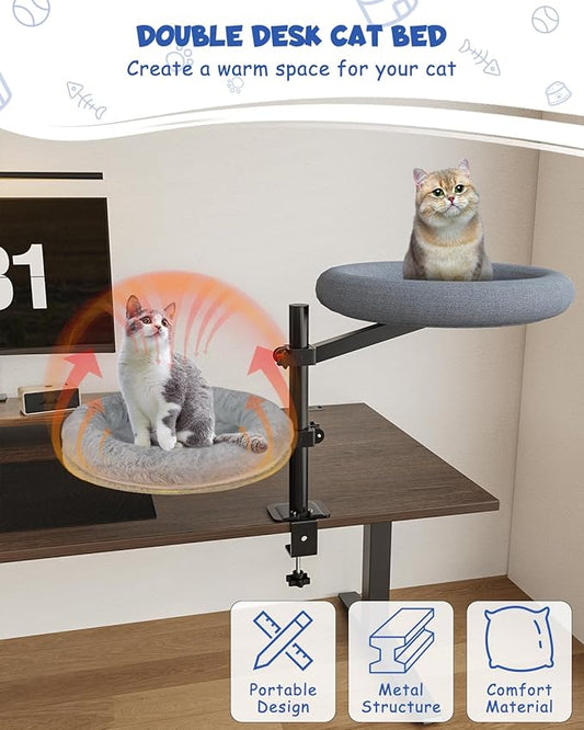 Double Cat Desk Bed, 360° Rotating Elevated Desk Cat Bed, Adjustable Raised Desk Kitten Bed Up to 80 LBS, Washable Soft Fabric Pet Desks Nest Beds, Cat Hammock Wall Mounted for Office and Game Tables