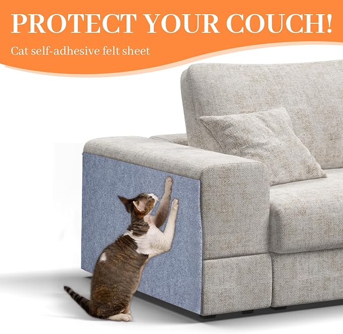 Uranshin Cat Scratch Mat,Trimmable Self-Adhesive Cat Scratch Furniture Protector Cat Scratching Post Carpet Covered 78.7"x15.8" Cat Couch Protector from Cat Claws (Light Grey)