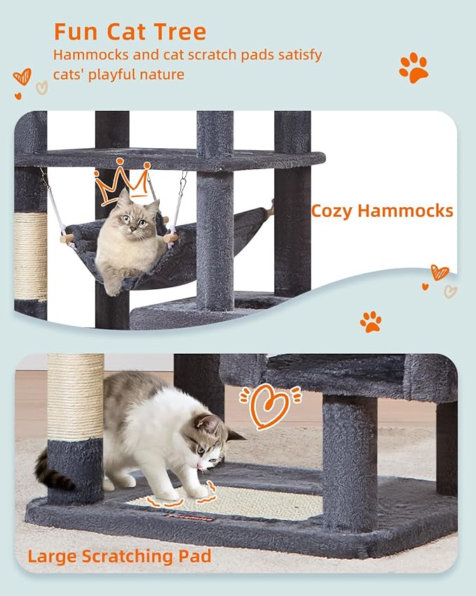 Taoqimiao Cat Tree, 68-Inch Cat Tree Cat Tower for Indoor Cats, Plush Multi-Level Cat Condo with 6 Scratching Posts, 2 Perches, 2 Caves,Hammock, 3 Pompoms,MS020SG Smoky Gray