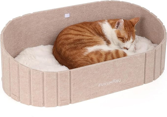 FUKUMARU Cat Beds for Indoor Cats, 24 Inch Large Cat Couch Bed with Cozy Faux Rabbit Fur Cushion, Felt Cats House Sofa in Oval Shape, Grey