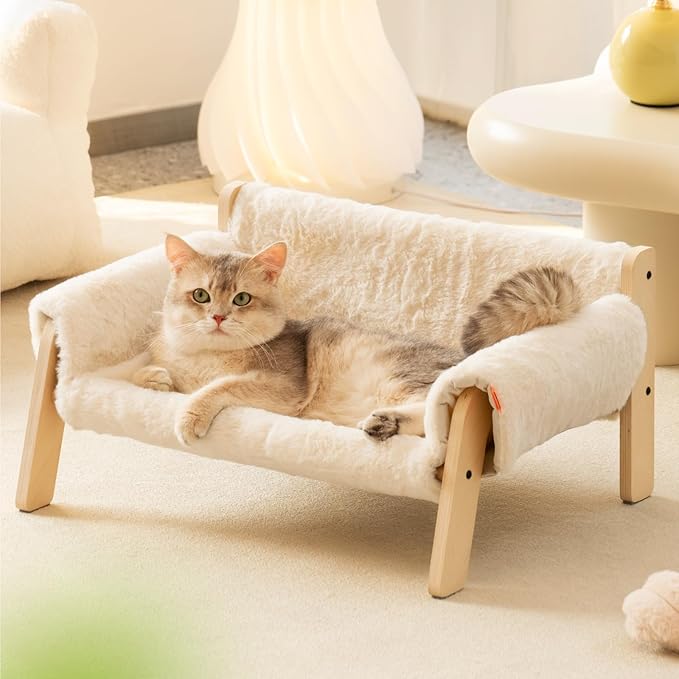 MEWOOFUN Cat Couch Bed, Pet Sofa for Indoor Cats Wooden Indoor Elevated Cat Beds with Removable Mattress Cover Suitable for Kitty, Puppy or Small Animal (White, Medium)