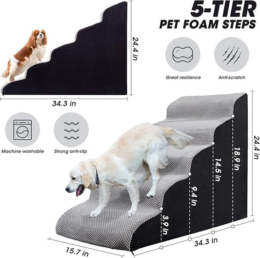Dog Steps&Stairs for High Beds 24.4 inches High Up to 24-28 inches Bed, Tall Extra Wide Pet Stairs/Steps for High Bedsides,Non-Slip Dog Ramps for Small Older Dogs/Cats(Grey)