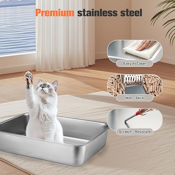 23.6" x 15.7" x 5.7" TIUUBT Stainless Steel Litter Box for Pan, Cat Litter Box, High Side for Big Cats, Anti-Leakage, Odor Control