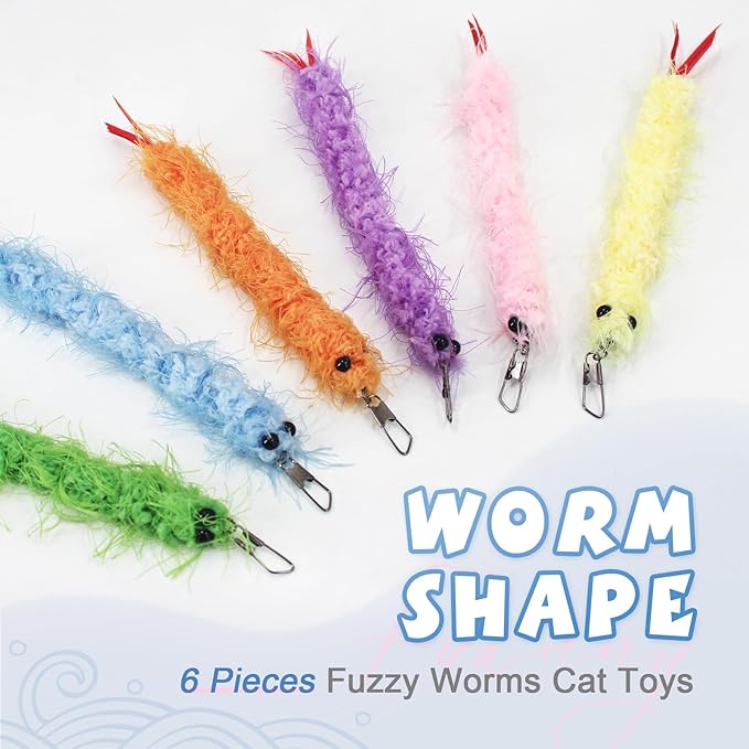 SONGWAY Worm Cat Toy Wand - 6 PCS Cat Worm Toys with Retractable Wand, Interactive Feather Tail Toys for Indoor Cats Kittens