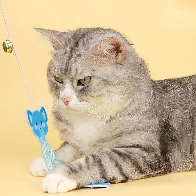 Cat Wand Toy, 3 PCS Natural Wooden Handle Teaser Wand Cute Interactive Kitten Wand Fun Kitty Toy, Unbreakable Kitten Stick for Indoor Cats