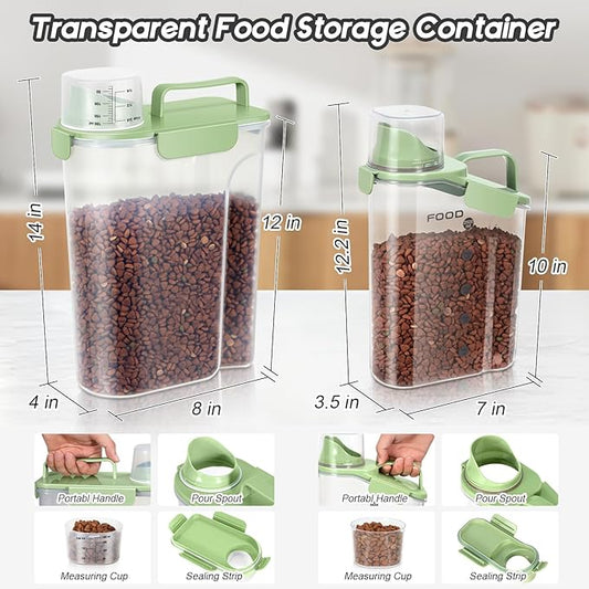 8-12 LBS Cat Dog Pet Food Storage Container, Plastic Dispenser Upgraded Large Nozzle, BPA-free, With Sealed Clasps, Measuring Cup and Handle, Easy to Clean and Carry -2 Packs Leaf Green