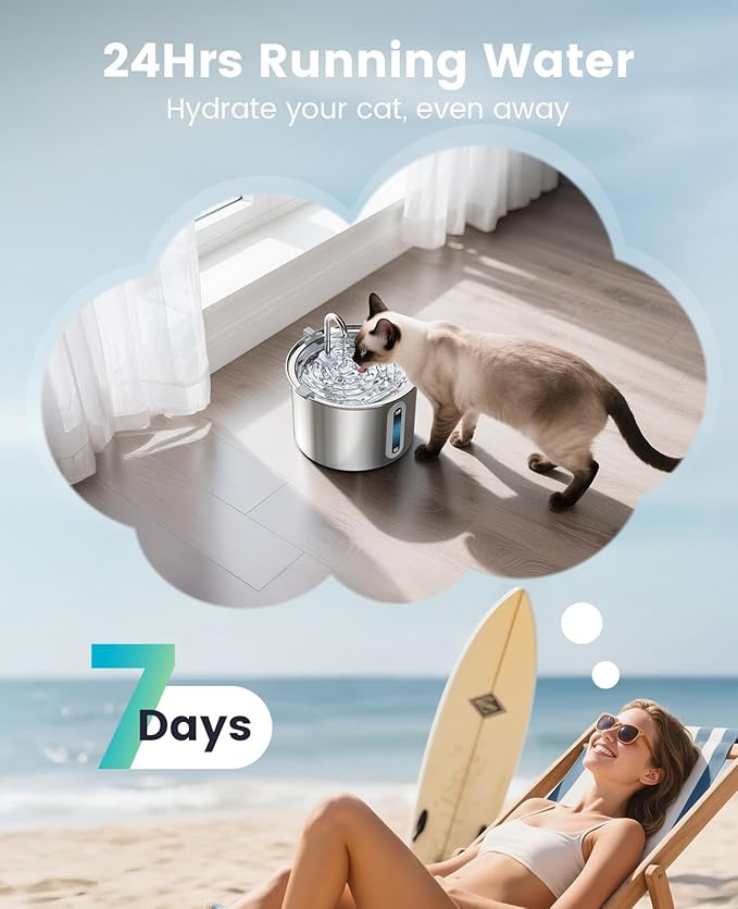 oneisall 2L Stainless Steel Cat Water Fountain with Snap, Anti-Spill Cats Water Fountains with Quiet Pump,Continuous Fresh Water Supply,Pet Water Fountain for Single Kitty & Small Pets