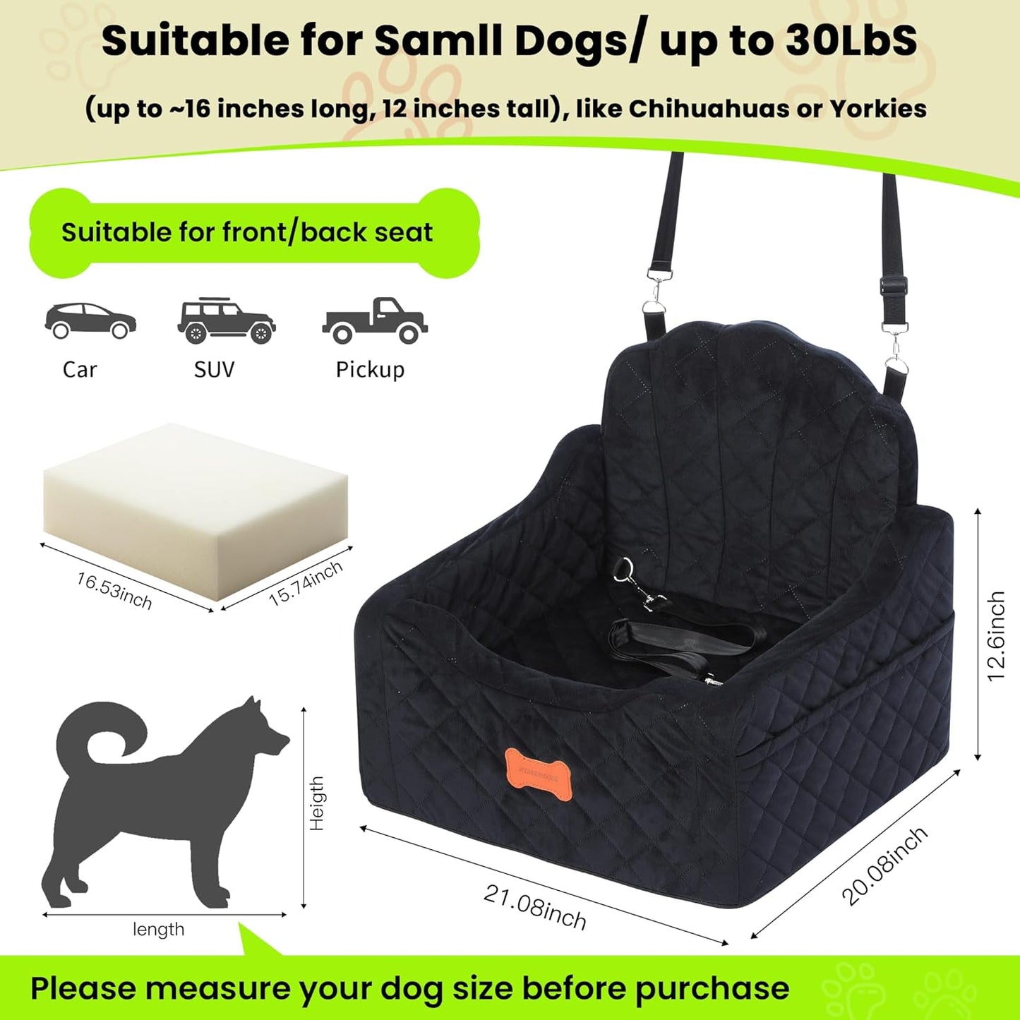 Dog Car Seat for Small Dogs Under 30lbs, Detachable Washable Pet Booster Seat with Safety Belt & Storage Pockets, Travel Car Bed, Black