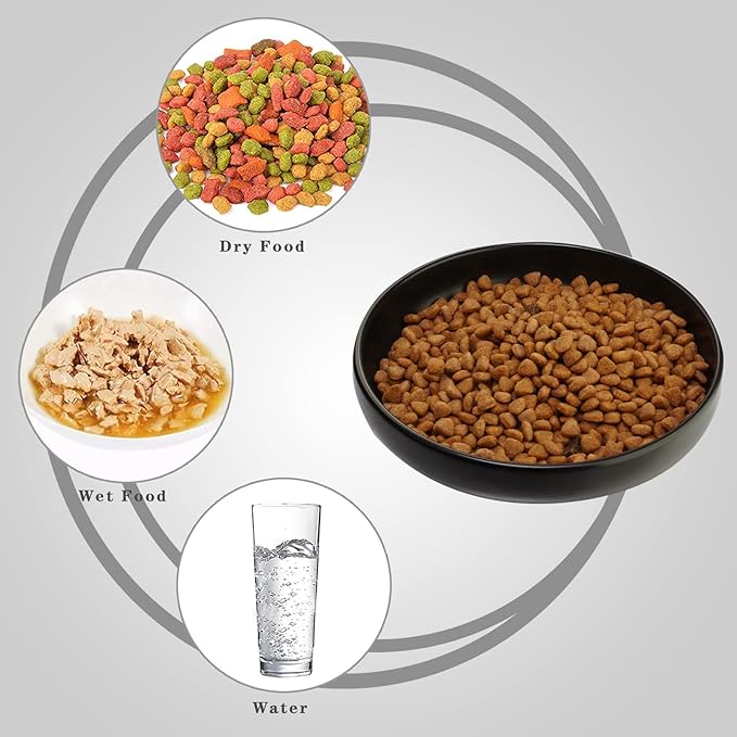 Ceramic Cat Bowls - Shallow Dishes for Food and Water, 6 Inch Matte Finish Wide Cat Food Bowl, Whisker Fatigue Free Pet Puppy Kitten Bowl Set of 3, Dishwasher Safe