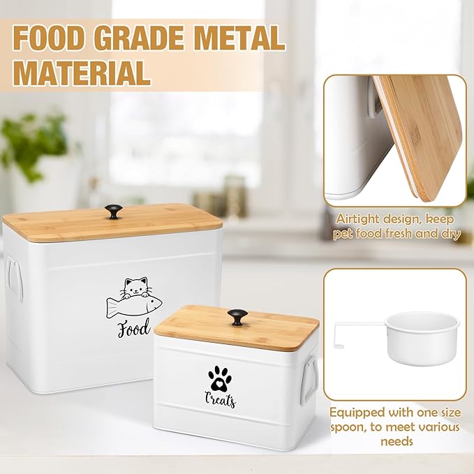 Extra Large Metal Cat Food Containers Airtight 12+3.5 lbs Cat Treat Snack Jars Set of 2 with Bamboo Lids and Spoons Farmhouse Big Pet Cookie Storage Jars for Kitchen Counter Gifts(White)