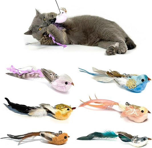 6 PCS Realistic Bird Cat Wand Attachment Toys–Handcrafted Feather Toys for Interactive Indoor Play–Engaging Cat Accessories Ideal for Wands Toy Refill & Home Décor