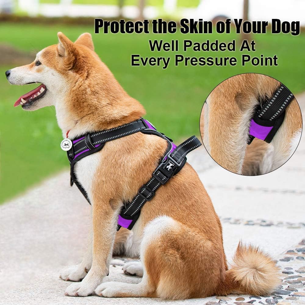 PoyPet No Pull Dog Harness, Reflective Comfortable Vest Harness with Front & Back 2 Leash Attachments and Easy Control Handle Adjustable Soft Padded Pet Vest for Small to Large Dogs (Purple,M)