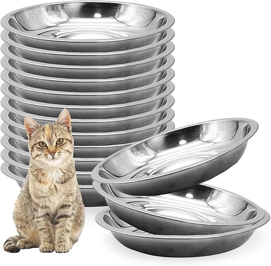 Hamiledyi 12 Pcs Stainless Steel Cat Bowls Metal Wide Shallow Cat Feeding Dishes Replacement Whisker Fatigue Kitten Food Bowl for Dogs Cats and Other Pets (6.30 Inch Diameter)