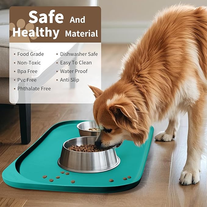 Silicone Pet Feeding Mat with Raised Edge & Residue Collection Pocket for Food and Water, Dog Bowl Mats, Cat Bowls Placemat with High Lip for Floor Waterproof, 24 x 16 x 0.8 Dark Turquoise