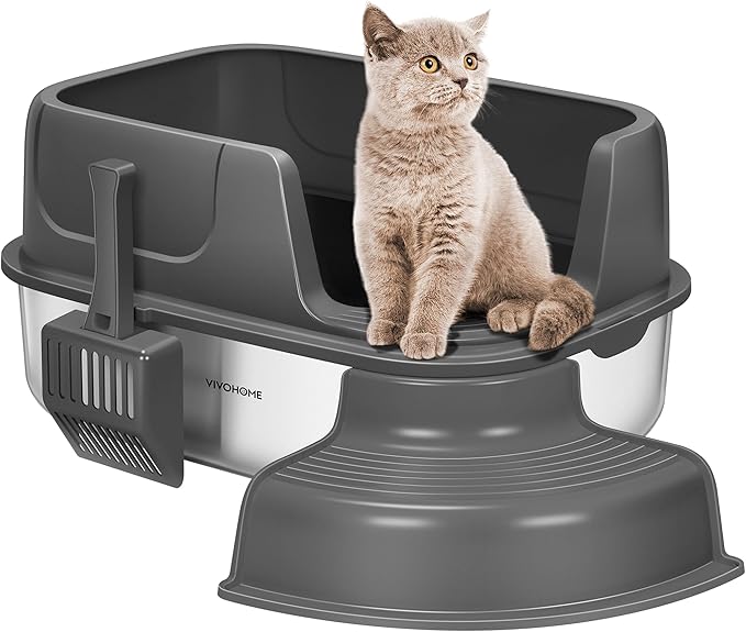 VIVOHOME XL Stainless Steel Cat Litter Box with Cover and Steps, 23'' x 17'' x 12'' Large Metal Litter Box for Cats with Scoop, Easy to Clean, Non-Slip, Ideal for Big or Multiple Cats, Dark Gray