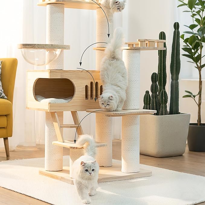 59'' Tall Wooden Cat Tree For Indoor Cats,Modern Cat Tower With Big House,Clear Bowl,Luxury Multi-Level Cat Climbing Frame With Climbing Ladder,Large Platform,Heavy Duty XXL Maine Coon Cat Tree
