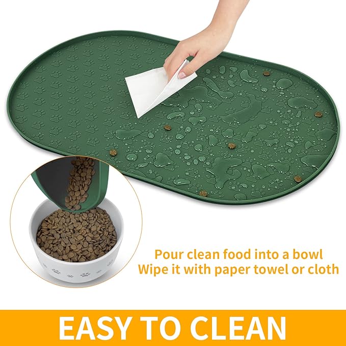 KPWACD Pet Placemat for Dog and Cat, Anti-Slip Waterproof Dogs Feeding Bowl Mat Prevent Food and Water Overflow, Silicone Puppy Dish Mats Suitable for Small Medium Big Pets, Hunter Green, 19" * 12"