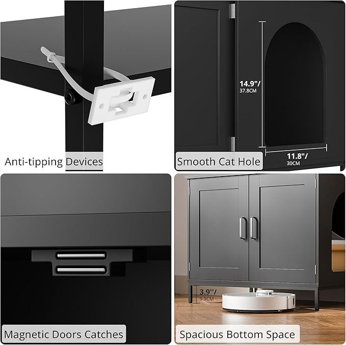 Cozy Castle Litter Box Enclosure, 57'' Cat Litter Box Furniture with Large Cabinet, Shelves and 4 S-Hooks, Hidden Cat House for Most of Litter Boxes, Wooden Pet Washroom Indoor, Black