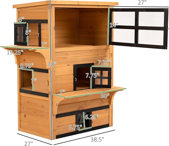 PawHut 3-Story Cat House Feral Cat Shelter, Outdoor Kitten Condo with Raised Floor, Asphalt Roof, Escape Doors, Jumping Platforms, Yellow