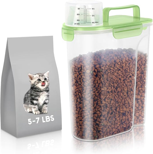 5-7Lbs/6Qt Dog Cat Storage Container Portable with Upgraded Large Spout and Cup, Plastic Pet Food Dispenser for Small Animal Kibble, Bird Seed, Oatmeal, Rice, Flour, Brown Sugart- Clear Green