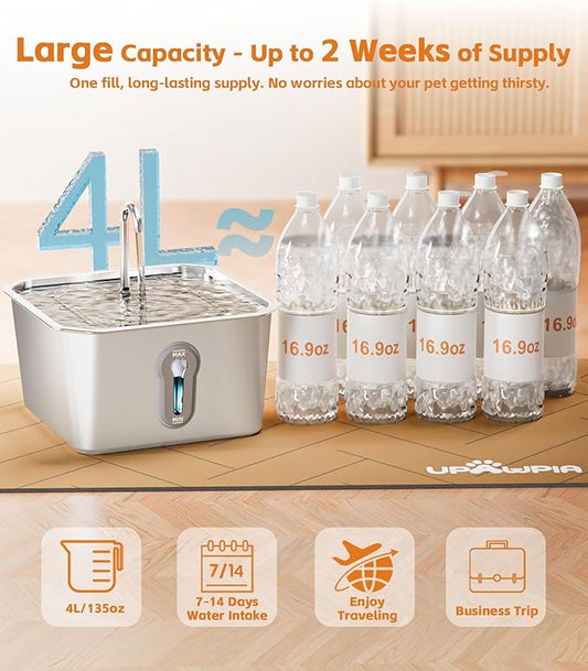Cat Water Fountain Stainless Steel 135oz/4L Pet Water Fountain for Cats Indoor with 8 Filters Pets Dog Small Animal Automatic Dog Water Dispenser with 4 Filters 4 Sponge Quiet