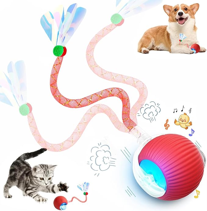 Speed 2.0 Tail Interactive Cat Toys for Indoor Cats, Chirping & Motion Activate Ca t Toy, Smart Kitten Rolling Ball Moving Ball Toys, Rechargeable Dog Cat Bal l for Enrichment Exercise (Red)