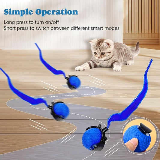 Interactive Cat Ball Toy, Upgraded Automatic Rolling Cat Ball with Tail 2.0 and Type C Cord, Touch Activated Moving Toy for Cats and Dogs (Blue)